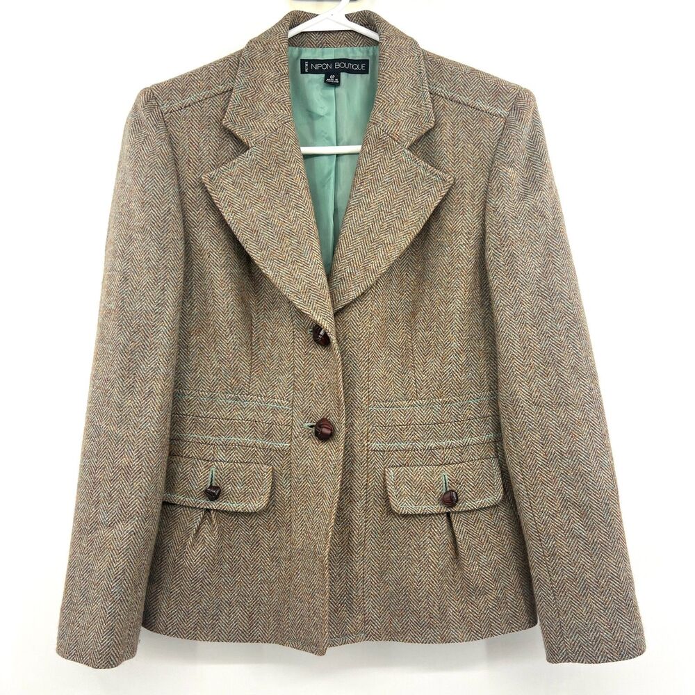 Nipon Boutique Petite Brown Herringbone Tweed Wool Blazer Jacket 6P